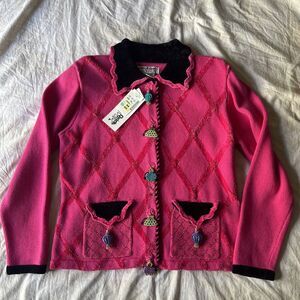 Vintage Jack B Quick Sweater Medium Pink Cardigan Beaded Perfume bottles NEW